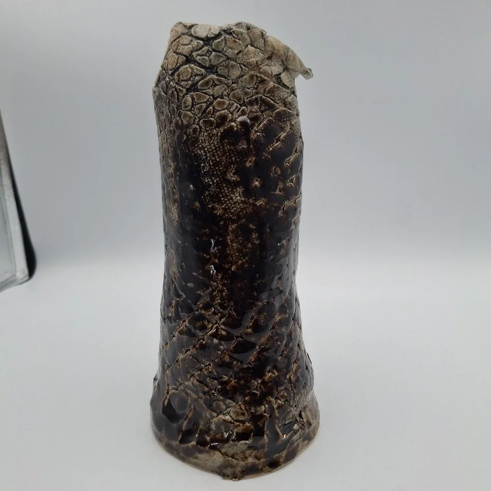 Handcrafted Studio Art Brown Scales Textured Glazed Leaning Pottery‎ 9
